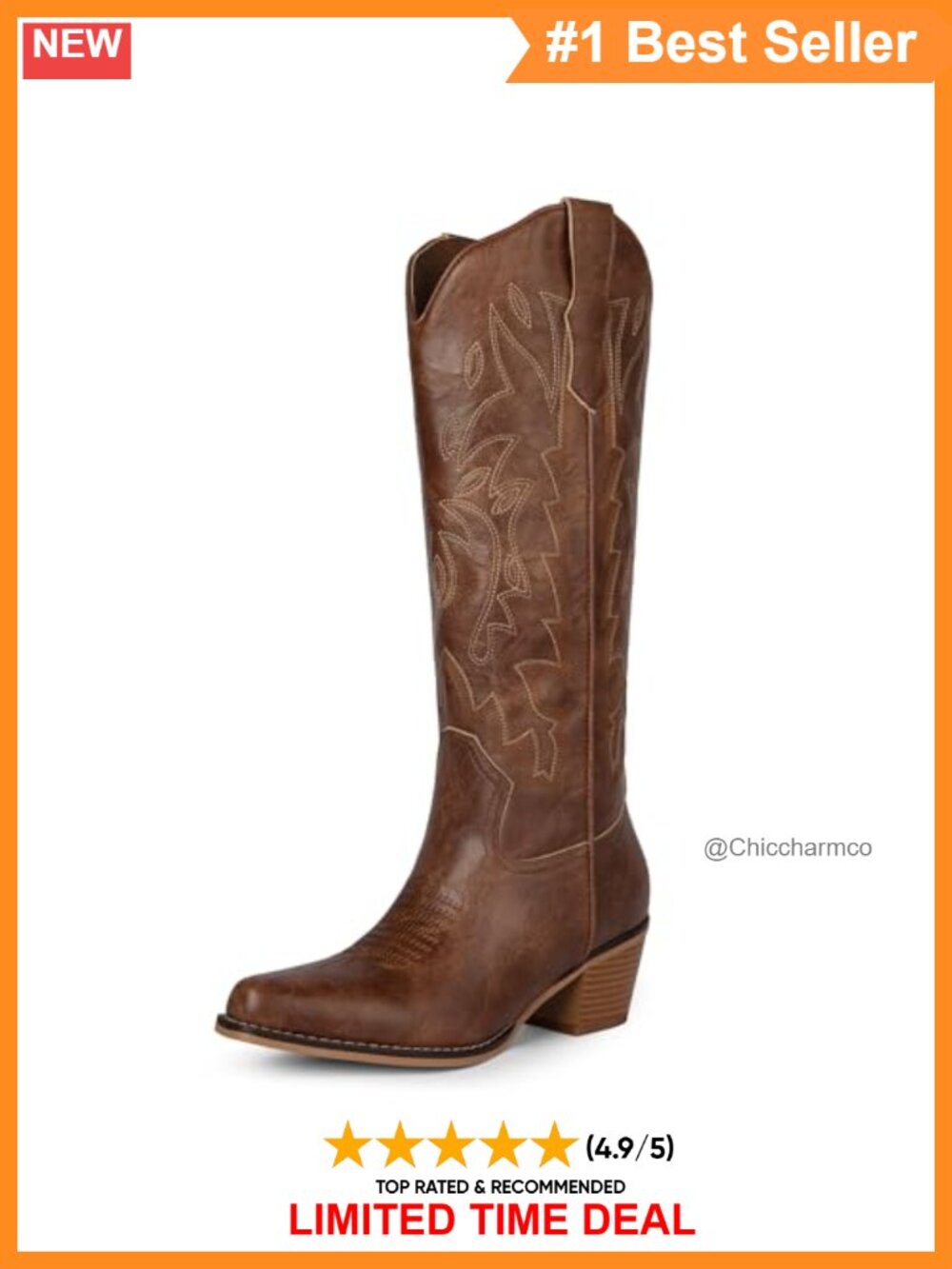 Women's Faux Leather Cowboy Boots Pointed Toe Chunky Heel Knee High Western
